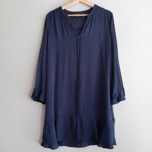 REPEAT Silk Blend Long Sleeve Shift Mini Dress Navy Blue Sz L - Picture 2 of 10
